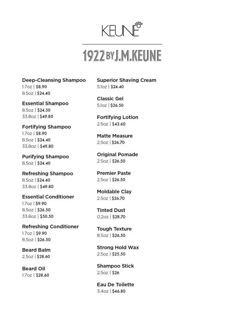 Keune 1922 – Retail Price List